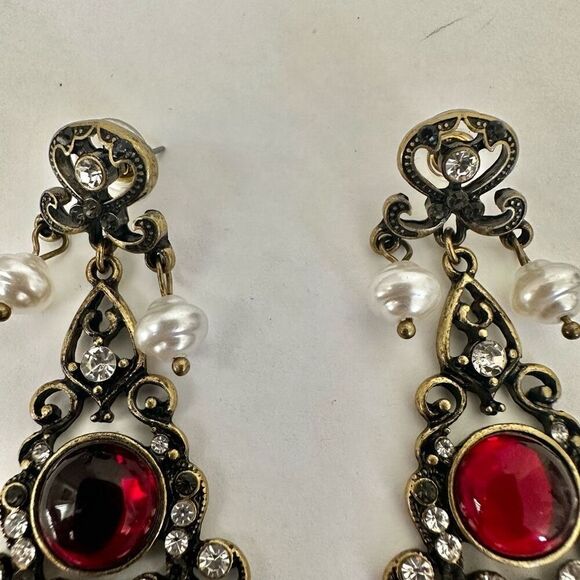 Red  faux pearl rhinestone long statement earrings - Picture 5 of 9